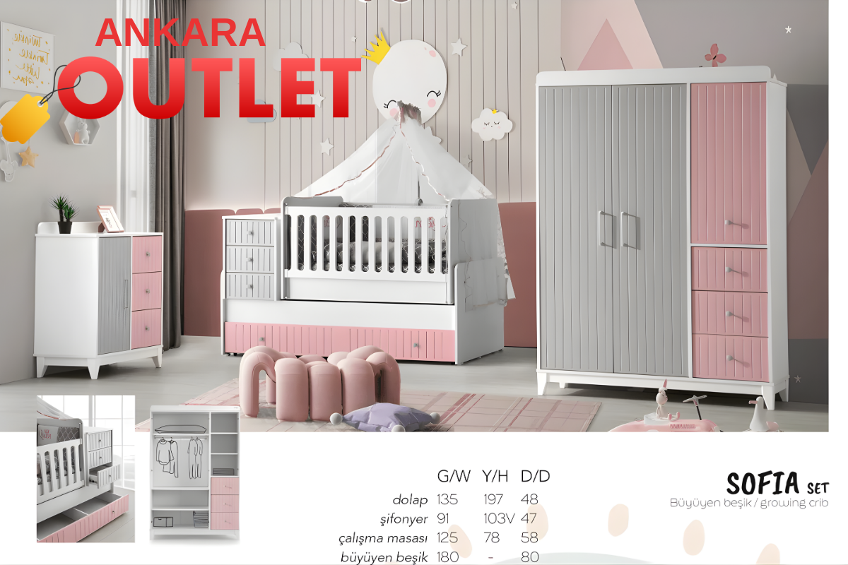 Outlet Fırsatı - Sofia Bebek Odası Büyüyen Beşikli