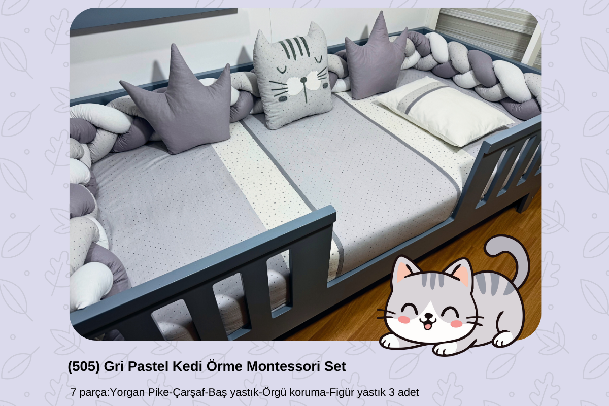505 Gri Pastel Kedi Örme Montessori Set